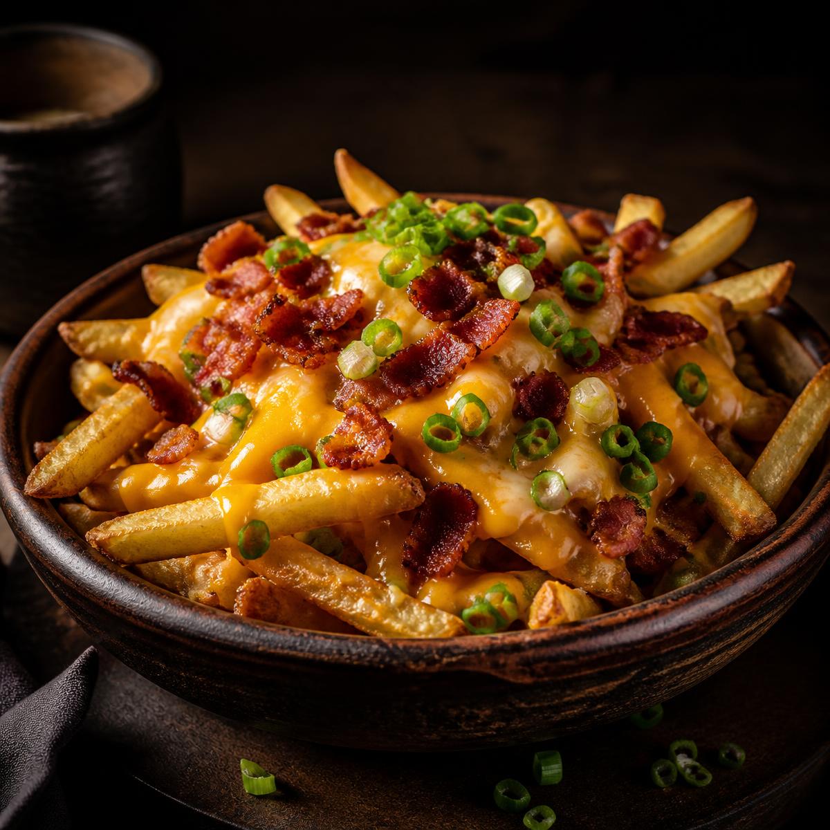 Batata frita à moda com bacon, queijo derretido e cebolinha