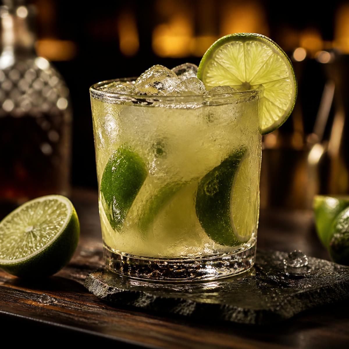 Caipirinha gelada com limão e gelo em copo de vidro