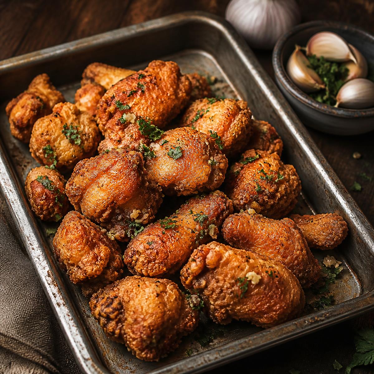 Porção de frango à passarinho crocante com alho e salsinha